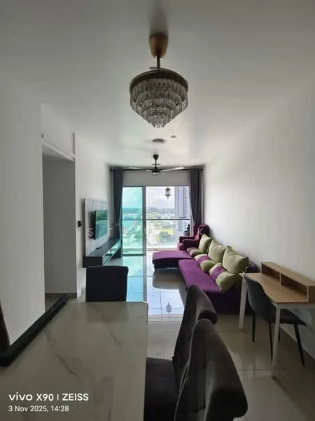 Living features: purple fabric sectional sofa, green accent cushions, glass coffee table, wall-mounted TV, TV console, chandelier with crystals, 5-blade ceiling fan, floor-to-ceiling windows, curtains, marble tile flooring, white painted walls; style: modern; view: city. Dining features: 4-seater dining table, black dining chairs, wooden sideboard, marble tabletop; style: modern.