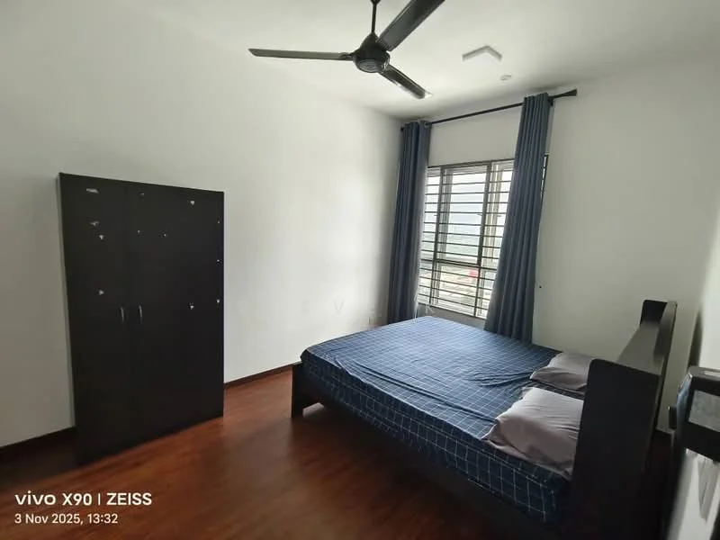 Bedroom features: queen-size bed with blue bedding, dark wood headboard, 2 bedside pillows, black wardrobe, floor-to-ceiling window, grey curtains, wooden flooring, ceiling fan with light, white painted walls; style: modern.