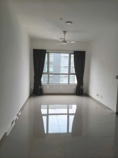 Living features: white painted walls, glossy ceramic tile flooring, 5-blade ceiling fan, floor-to-ceiling windows, blackout curtains, natural light, neutral color scheme, open layout; style: modern.