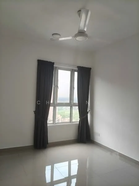 Room features: white painted walls, grey floor tiles, floor-to-ceiling windows, blackout curtains, 5-blade ceiling fan with light; style: modern; view: city.