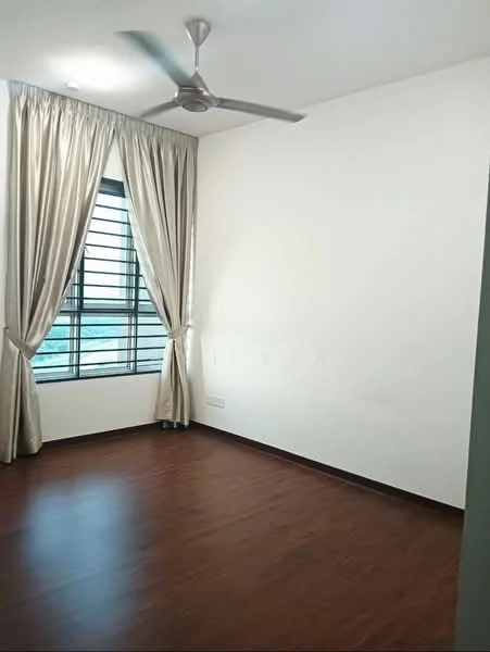 Room features: wooden flooring, white painted walls, floor-to-ceiling window, sheer curtains, 5-blade ceiling fan, window with horizontal bars, no visible furniture, natural light; style: modern; view: city.