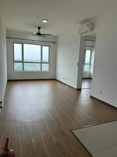 Living features: laminate wood flooring, white painted walls, 5-blade ceiling fan with light, wall-mounted split AC, floor-to-ceiling windows, city view, recessed downlights, open layout; style: modern; view: city.