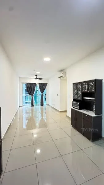Living features: white painted walls, glossy ceramic tile flooring, 5-blade ceiling fan with light, floor-to-ceiling windows, sliding glass door, black cabinetry with glass-front upper cabinets, built-in microwave, countertop space, recessed downlights, curtains, open layout; style: modern; view: city.