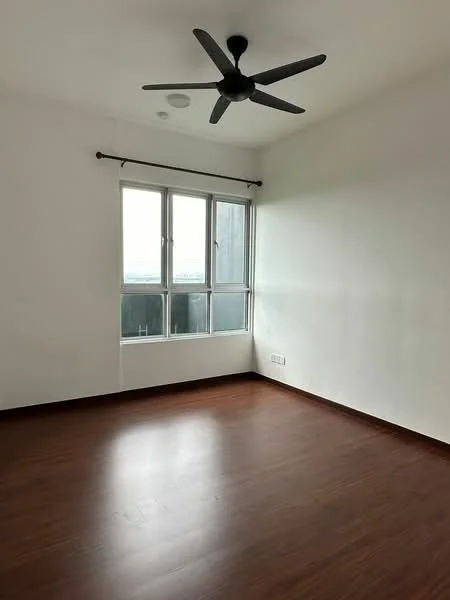 Room features: white painted walls, wooden flooring, 5-blade ceiling fan, floor-to-ceiling windows, city view; view: city.