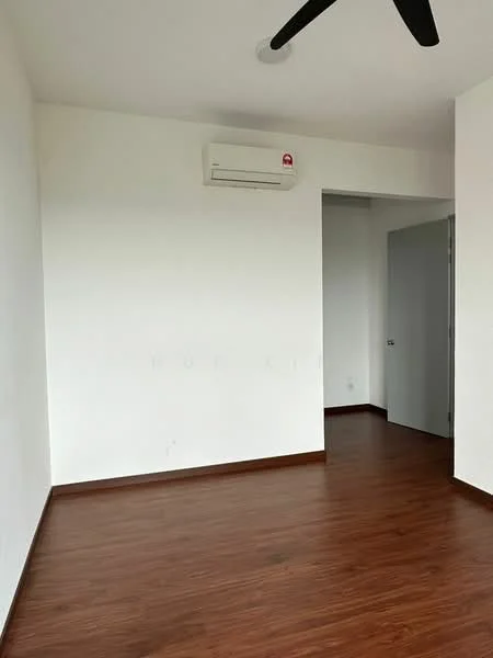 Room features: white painted walls, laminate flooring, 1 wall-mounted split AC, ceiling fan, door to adjacent room.