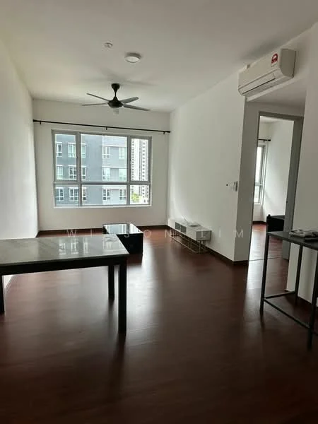 Living features: wooden flooring, white painted walls, 5-blade ceiling fan with light, floor-to-ceiling windows, air conditioning unit, coffee table, TV console, wall-mounted TV, decorative wall, natural light from windows; style: modern; view: city.