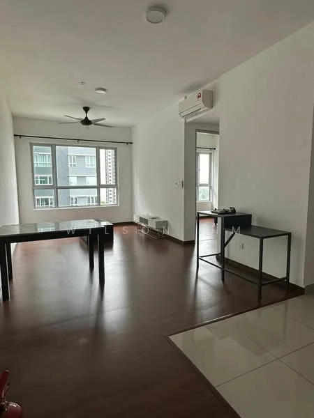 Living features: laminate flooring, white painted walls, 5-blade ceiling fan, floor-to-ceiling windows, air conditioning unit, black dining table, black side table, natural light, neutral decor; style: modern; view: city.