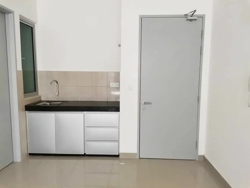 Room features: single-bowl stainless-steel sink, chrome pull-down faucet, black granite countertop, silver cabinetry with drawers, cream tiled backsplash, grey door, large window, light-colored wall, glossy floor tiles; style: modern.