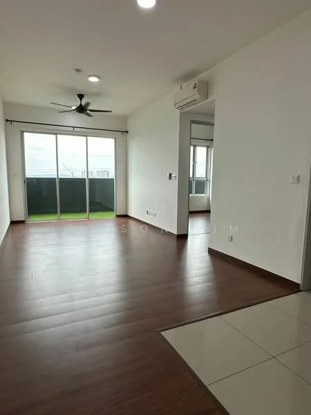 Living features: laminate wood flooring, white painted walls, 5-blade ceiling fan with light, floor-to-ceiling sliding glass door, balcony view, wall-mounted split AC, recessed downlights, open layout, natural light; style: modern; view: city.
