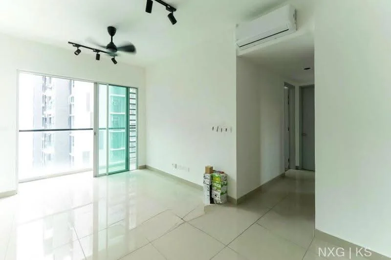 Living features: white painted walls, polished ceramic tile flooring, 5-blade ceiling fan with light, recessed LED downlights, floor-to-ceiling windows, sliding glass door, air conditioning unit, open layout, natural light, neutral color scheme; style: modern; view: city. Room features: white painted walls, polished ceramic tile flooring, doorway leading to hallway, neutral color scheme.