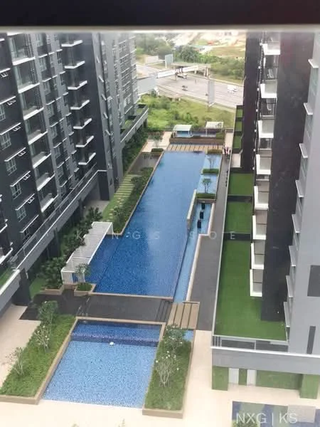 Exterior type: high-rise condominium; features: infinity pool, swimming pool deck, landscaped garden, manicured lawn, paved walkway, surrounded by greenery, adjacent to highway; style: modern.
