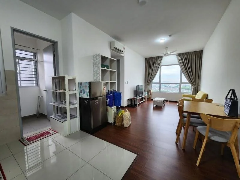 Living features: wood laminate flooring, white painted walls, 5-blade ceiling fan with light, large window with city view, sofa in beige, coffee table, TV console, dining table with chairs, refrigerator, open shelving unit, decorative items on shelves; style: modern; view: city. Kitchen features: ceramic tile flooring, white painted walls, single-bowl stainless-steel sink, built-in cabinets, countertop space, window for natural light; style: modern.