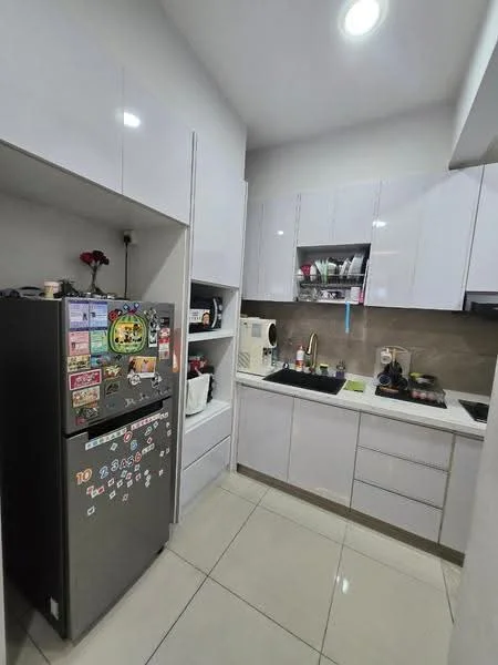 Kitchen features: grey cabinetry with glossy finish, black countertop, single-bowl stainless-steel sink, chrome pull-down faucet, built-in oven, freestanding range oven, stainless-steel fridge with stickers, ceramic tile flooring, recessed downlights, wall-mounted storage shelves, white walls, backsplash with light-colored tiles; style: modern.