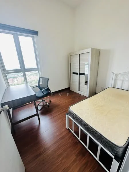 Bedroom features: wooden flooring, white painted walls, floor-to-ceiling windows, blackout curtains, single bed frame, mattress, study desk, office chair, built-in wardrobe with mirrored doors; style: modern; view: city.