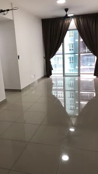 Living features: glossy tile flooring, white painted walls, floor-to-ceiling windows, sliding glass door, brown curtains, ceiling fan, recessed downlights; style: modern; view: city.