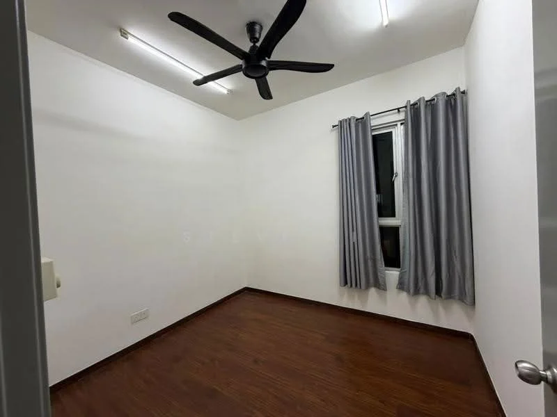 Room features: white painted walls, laminate wood flooring, 5-blade ceiling fan, floor-to-ceiling window, grey curtains, LED ceiling lights; style: modern.