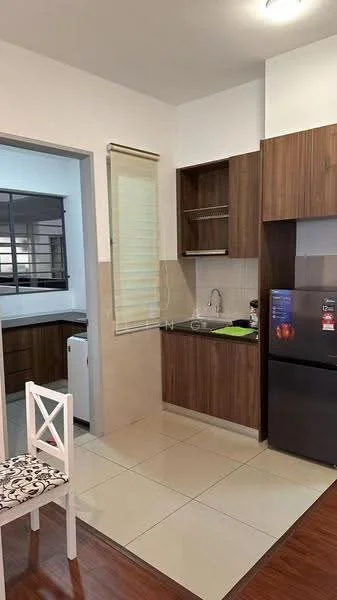 Kitchen features: brown wooden cabinetry, white countertop, single-bowl stainless-steel sink, chrome pull-down faucet, built-in refrigerator, freestanding black refrigerator, ceramic tile flooring, white walls, window with blinds, kitchen island, green cutting board, stainless-steel appliances; style: modern. Room features: white walls, wooden flooring, window with blinds.
