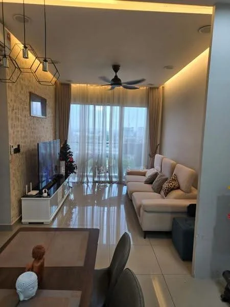 Living features: 3-seater fabric sofa in cream, 2-seater fabric sofa in cream, coffee table, wall-mounted TV, TV console in white, ceiling fan, recessed LED downlights, floor-to-ceiling windows, sheer curtains, decorative wall art, area rug, decorative items on console; style: modern; view: city.