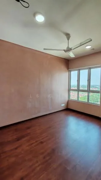 Room features: light brown painted walls, wooden flooring, 5-blade ceiling fan, floor-to-ceiling windows, city view, recessed downlights; style: modern; view: city.