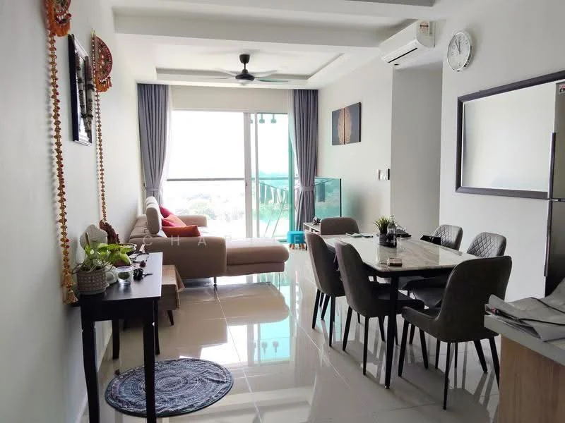 Living features: floor-to-ceiling windows, grey fabric sofa, coffee table, dining table with 6 chairs, ceiling fan, recessed downlights, wall-mounted clock, decorative wall art, marble tile flooring, greenery view; style: modern; view: city.