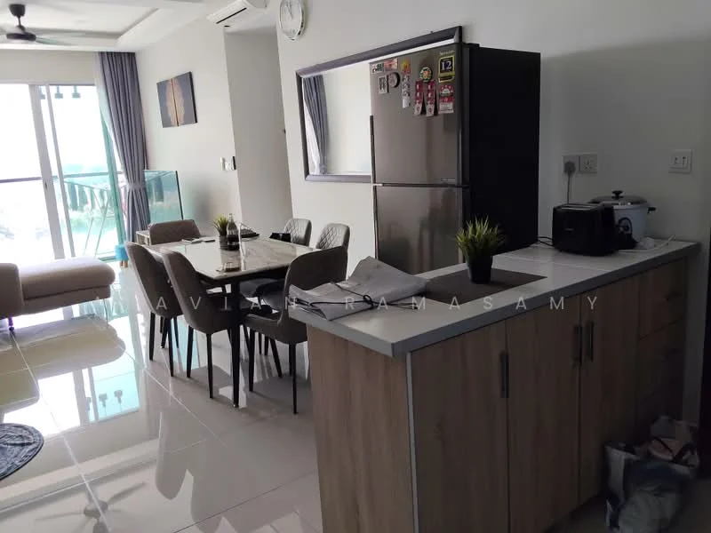 Kitchen features: stainless-steel fridge, black cabinet, white countertop, kitchen island with seating, built-in microwave, dining table with 6 chairs, pendant lighting, floor-to-ceiling windows, sliding glass door, grey curtains, ceramic tile flooring, decorative plant; style: modern; view: city. Living features: beige sofa, coffee table, area rug, wall clock, TV console; style: modern; view: city.