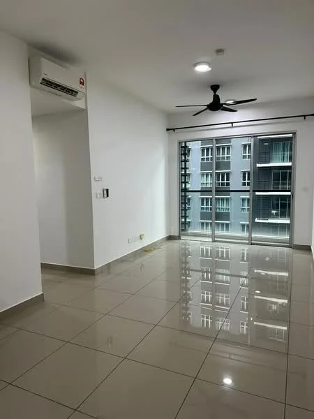 Living features: white painted walls, glossy ceramic tile flooring, 5-blade ceiling fan with light, wall-mounted split AC, floor-to-ceiling sliding glass door, blackout curtains, recessed downlights, open layout; style: modern; view: city.