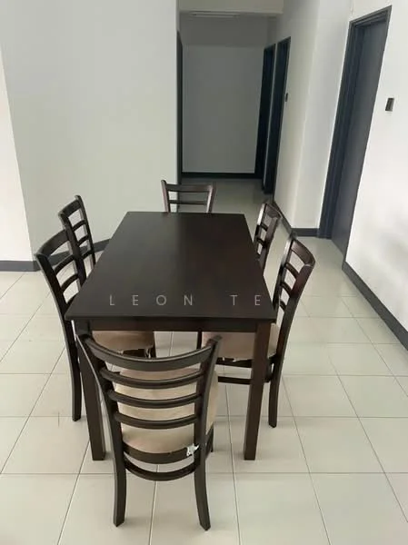 Dining features: dark wooden dining table, 6-seater dining table, wooden dining chairs with fabric cushions, white tiled flooring, plain white walls, grey door frames, neutral color scheme, bright natural lighting; style: modern.