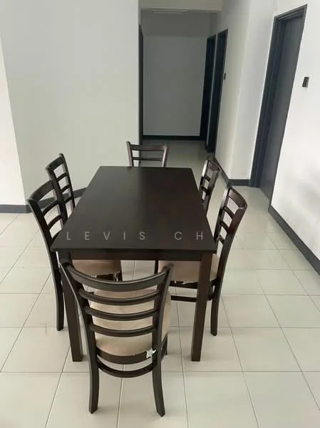 Dining features: dark wood dining table, 5 dining chairs with fabric seats, white tiled flooring, neutral wall color, minimalist decor, spacious layout, natural light from nearby windows, modern design; style: modern.