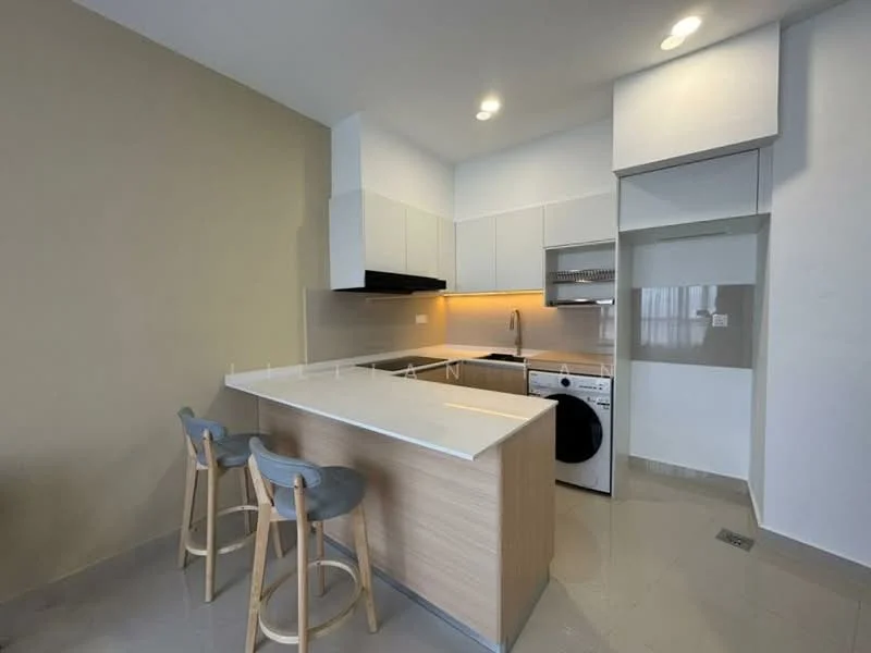 Kitchen features: white cabinetry, light wood cabinetry, grey countertop, stainless-steel sink, chrome pull-down faucet, built-in oven, stainless-steel range hood, 4-burner gas hob, front-load washing machine, refrigerator, tile backsplash, pendant lighting, bar seating with two stools, cream painted walls, glossy floor tiles; style: modern.