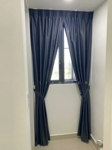 Room features: floor-to-ceiling window, blackout curtains, white painted walls, tile flooring, corner space.