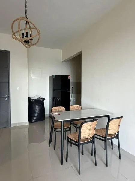 Dining features: 4-seater dining table, black metal frame, white tabletop, 4 dining chairs with rattan seats, pendant light fixture with a geometric design, grey tiled flooring, refrigerator, black garbage bag, plain white walls, door to hallway; style: modern.