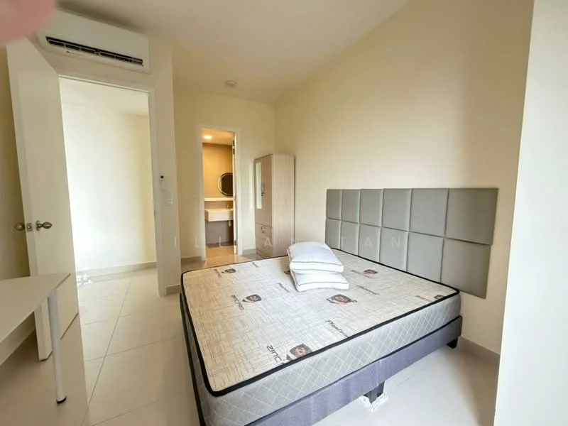 Bedroom features: queen-size bed, upholstered headboard, white bedding, light-colored walls, tile flooring, 1 wall-mounted split AC, built-in wardrobe, desk with chair, door leading to bathroom, window with natural light; style: modern.