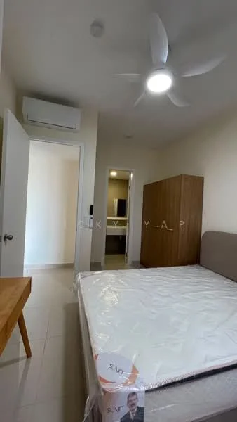 Bedroom features: queen-size bed, upholstered headboard, ceiling fan with light, wall-mounted split AC, wooden wardrobe, white painted walls, tile flooring, window with natural light, small wooden table; style: modern.