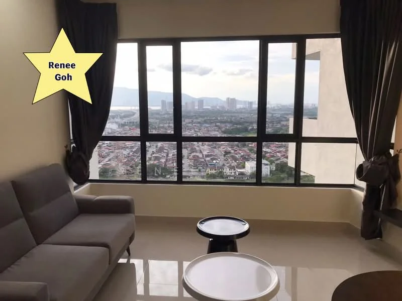 Living features: grey fabric sofa, round coffee table, floor-to-ceiling windows, city skyline view, cream painted walls, polished tile flooring, dark curtains, decorative wall, light fixtures; style: modern; view: city.