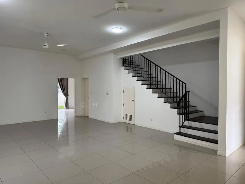 Living features: white painted walls, glossy ceramic tile flooring, 5-blade ceiling fan with light, large windows with sheer curtains, staircase with black metal railing, doorway leading to outdoor area, air conditioning vent, neutral color scheme; style: modern; view: garden.