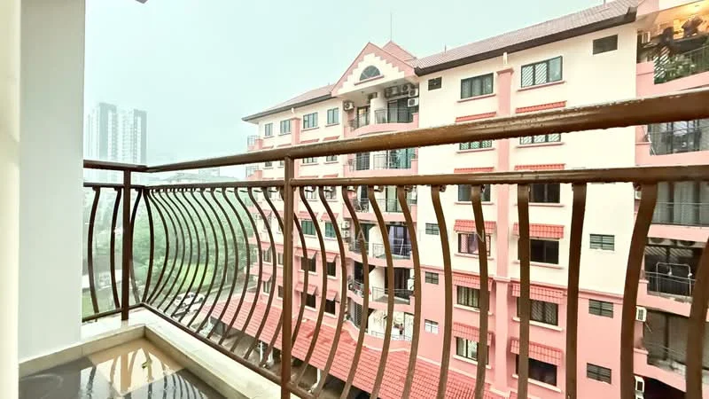 Balcony features: metal railing, tile flooring, overhead roof, view of surrounding buildings, view of greenery, outdoor space, access from living area; view: garden.