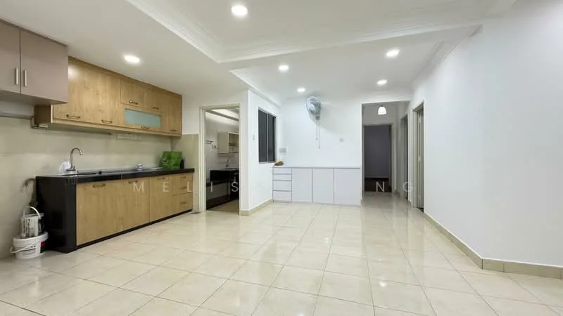 Kitchen features: black granite countertop, wood cabinetry, stainless-steel sink, chrome pull-down faucet, built-in oven, freestanding range oven, ceramic tile flooring, recessed downlights, white painted walls, open layout to living area; style: modern. Living features: ceramic tile flooring, white painted walls, recessed downlights, open layout to kitchen, large windows for natural light; style: modern. Room features: white painted walls, ceramic tile flooring, doorway leading to other rooms.