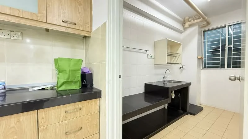 Laundry features: black countertop, wood cabinetry, stainless-steel sink, wall-mounted shelf, tile flooring, white tiled walls, window with metal grille, exposed plumbing; style: modern.