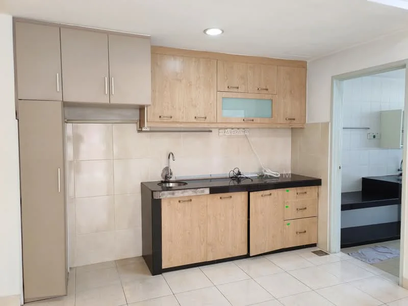 Kitchen features: laminate cabinetry in light wood finish, grey countertop, single-bowl stainless-steel sink, chrome pull-down faucet, wall-mounted cabinets, tile backsplash, ceramic tile flooring, built-in appliances, open shelving, under-cabinet lighting; style: modern.