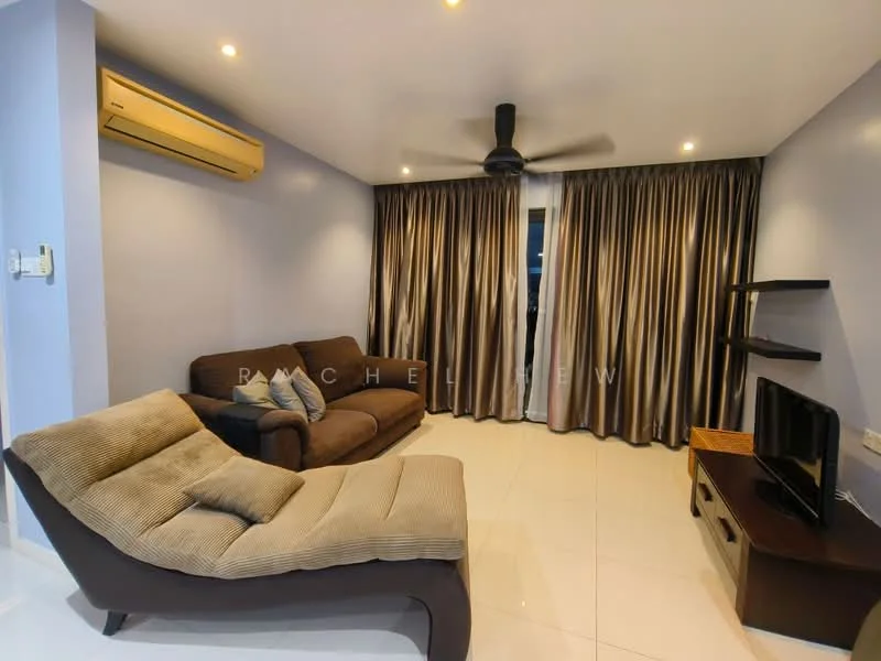 Living features: 3-seater fabric sofa in brown, chaise lounge chair in beige, wall-mounted TV, TV console in dark wood, floor-to-ceiling windows with sheer curtains, recessed downlights, 1 wall-mounted split AC, white tiled flooring, light blue painted walls, dark wood shelving unit, decorative wall art; style: modern.