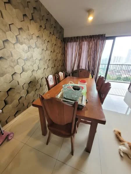 Dining features: wooden dining table, 8 dining chairs, hexagonal patterned accent wall, floor-to-ceiling windows, curtains, tile flooring, decorative centerpiece on table, open space leading to balcony; style: modern; view: city.
