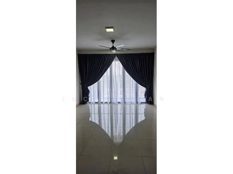 Living features: white painted walls, polished ceramic tile flooring, 5-blade ceiling fan with light, floor-to-ceiling windows, sheer curtains, blackout curtains; style: modern; view: city.