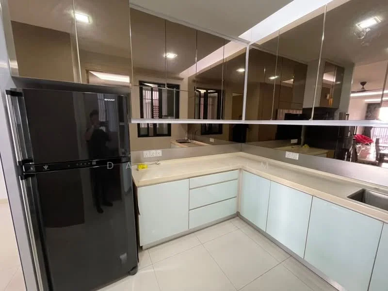 Kitchen features: black refrigerator, white quartz countertop, light blue cabinetry, mirror backsplash, stainless-steel sink, chrome faucet, built-in oven, ceramic tile flooring, recessed downlights, open shelving, wall-mounted cabinets; style: modern.