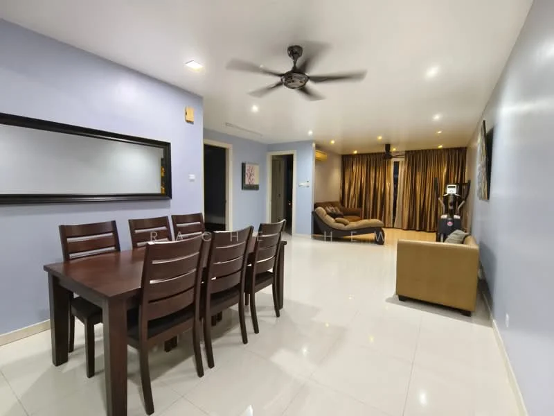 Dining features: wooden dining table with 6 chairs, white walls, recessed downlights, polished tile flooring, mirror on wall; style: modern. Living features: 3-seater fabric sofa in beige, 2-seater leather sofa, TV console, wall-mounted TV, curtains, recessed downlights, polished tile flooring; style: modern.