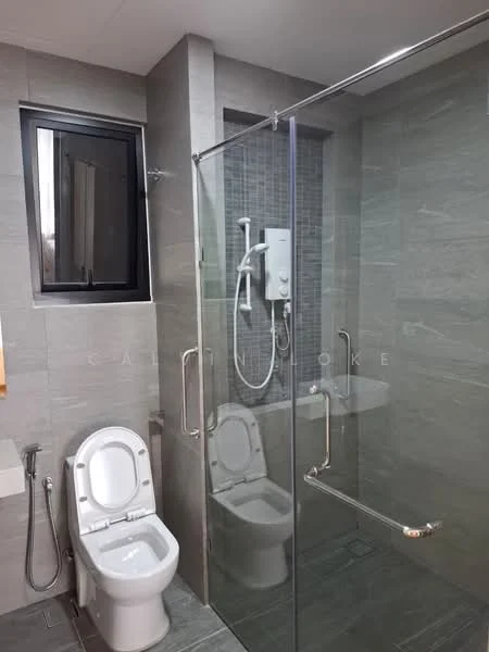 Bathroom features: walk-in shower with glass enclosure, rain shower head, handheld shower, white toilet, chrome basin mixer, grey tile flooring, grey wall tiles, window with black frame, grab bar, built-in shower shelf; style: modern.