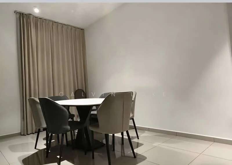 Dining features: round dining table, 6 upholstered dining chairs, white walls, cream curtains, tile flooring, recessed downlights; style: modern.