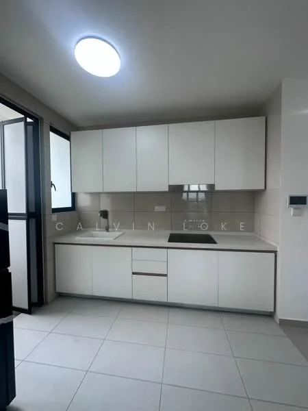 Kitchen features: white cabinetry, single-bowl stainless-steel sink, chrome pull-down faucet, ceramic tile backsplash, built-in electric cooktop, countertop with integrated storage, recessed ceiling light, window for natural light, neutral tile flooring; style: modern.