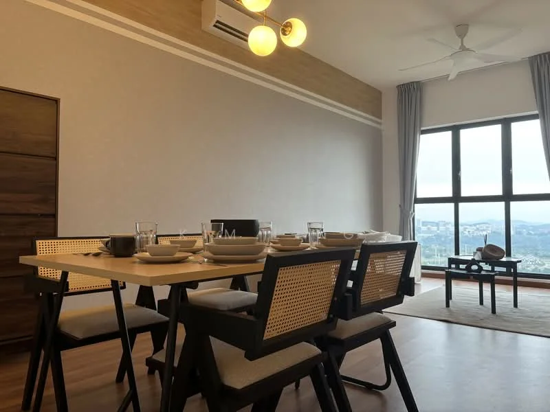 Dining features: 6-seater dining table, black wooden dining chairs with upholstered seats, pendant light fixture, ceiling fan, large window with city view, wooden flooring, light grey painted walls, decorative wall paneling, glassware on the table, ceramic plates on the table, table runner, area rug; style: modern; view: city.