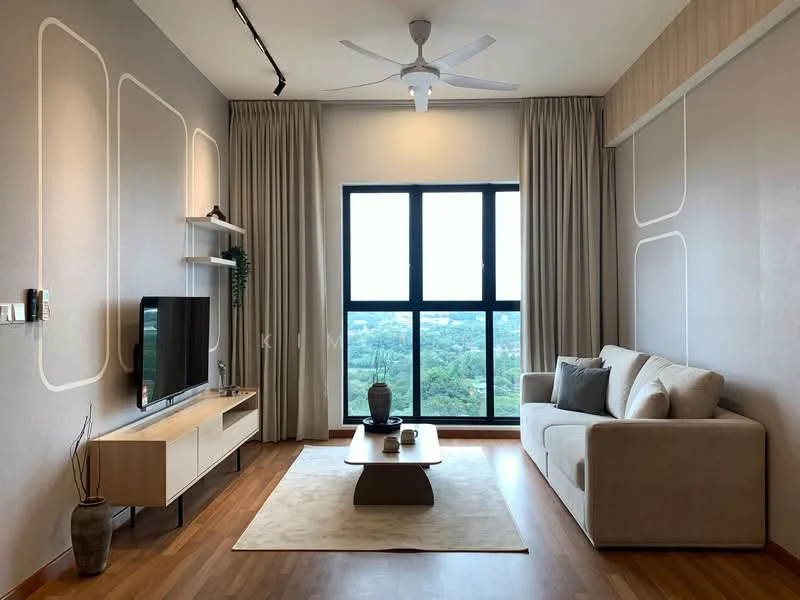 Living features: 3-seater fabric sofa in light beige, wooden coffee table, TV console with wall-mounted TV, area rug in neutral color, 5-blade ceiling fan with light, floor-to-ceiling windows, curtains in light fabric, wooden flooring, decorative vase on coffee table, wall-mounted shelf; style: modern; view: garden.