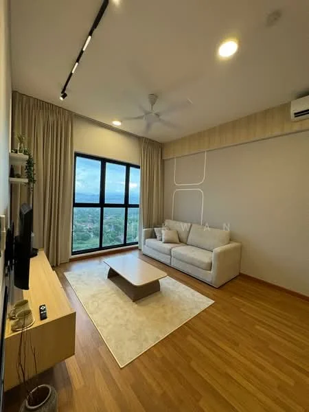 Living features: 3-seater fabric sofa in light grey, wooden coffee table, area rug with neutral color, floor-to-ceiling windows, sheer curtains, 5-blade ceiling fan with light, wall-mounted TV, wooden TV console, laminate flooring, recessed downlights, decorative wall paneling, air conditioning unit; style: modern; view: city.